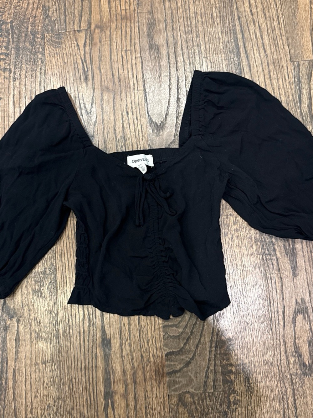 Open Edit Black Puff-Sleeve Tie-Front Crop Top